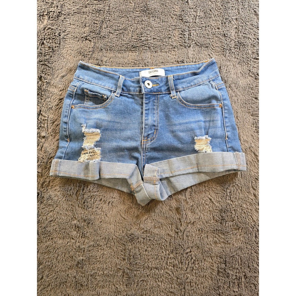California Vintage Womens Distressed Cuffed Denim Shorts Blue Size 1 High Rise